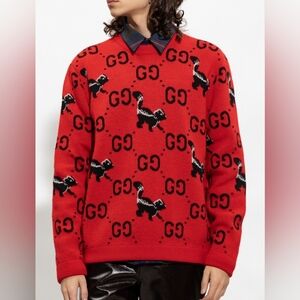 Red GG Monogram & Skunk Wool Knit Sweater